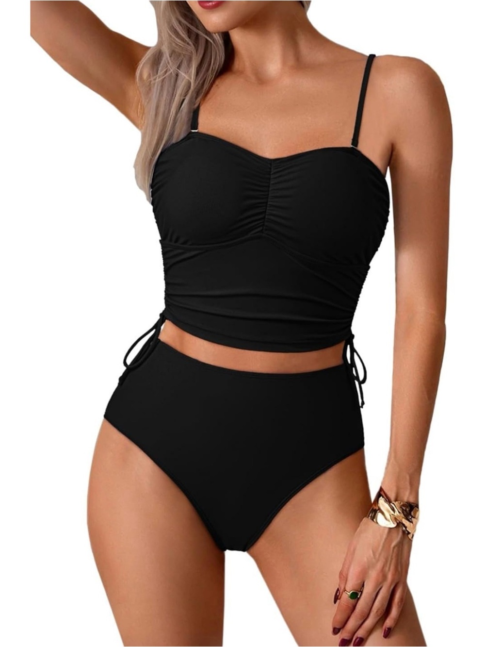 Women’s Black Ruched Tankini Set - Classic High-Waist Swim